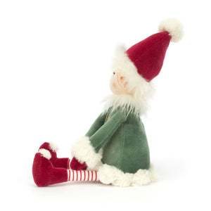 Soft Jellycat Leffy Elf plush (side view) with red boots & mittens and a green coat trimmed with white fur.