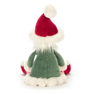  Cuddly Jellycat Leffy Elf plush (back view) with a red hat and green jacket trimmed in white fur.. 