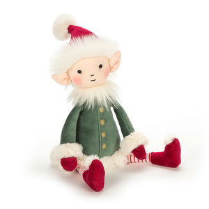 Jellycat Leffy Elf plush (angled view) with red cheeks, candycane socks & pointy ears. 