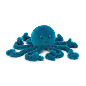 A plush Jellycat Letty Jellyfish in a deep teal blue colour, featuring a round velvety body, soft fuzzy tentacles, and a friendly embroidered smile.