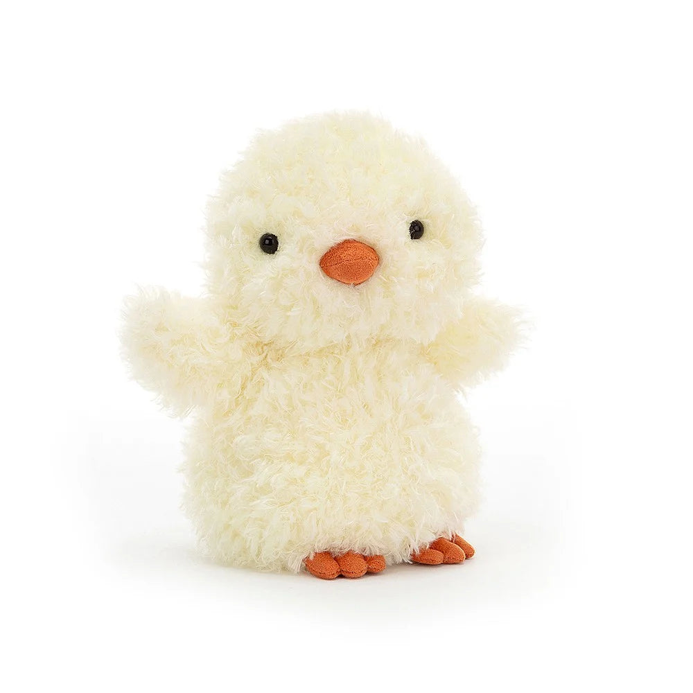 Freshly hatched & ready to play! The Jellycat Little Chick features soft primrose yellow fur, wee waggly wings, and a carroty beak. Perfect for cuddles!