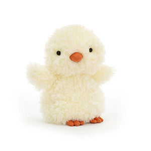 Freshly hatched & ready to play! The Jellycat Little Chick features soft primrose yellow fur, wee waggly wings, and a carroty beak. Perfect for cuddles!