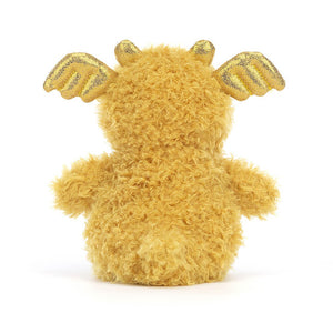 Back View: Jellycat Little Dragon displayed from behind, showcasing the curly saffron fur, golden tail, and bobble wings ready to take flight! Perfect for imaginative dragon adventures.