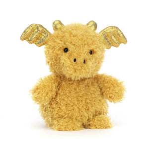 Straight On View: Jellycat Little Dragon displayed straight on, highlighting its fiery personality with curly saffron fur, golden ears and horns. Weighted bottom keeps it sitting proudly, ready for adventure. 