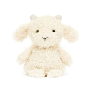 Jellycat Little Goat, a small, plush goat toy with soft cream-coloured fur, pebble suede horns, floppy ears, and a sweet expression.