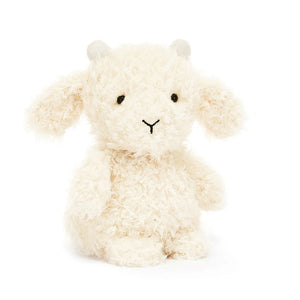 Jellycat Little Goat, a small, plush goat toy with soft cream-coloured fur, pebble suede horns, floppy ears, and a sweet expression.