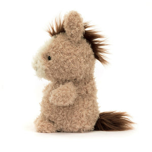 Side View: Side profile of the adorable Jellycat Little Horse. Highlights the ideal size for little hands, the soft and cuddly texture, and the realistic details like the flowing mane and tail, the sweet facial expression, and the soft hooves. 