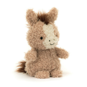 Angled View: Ready for a mini-adventure! The Jellycat Little Horse trots forward, showcasing its curly nougat fur, adorable oatmeal blaze, and flowing mane and tail. Soft hooves and perky ears add to the charm.