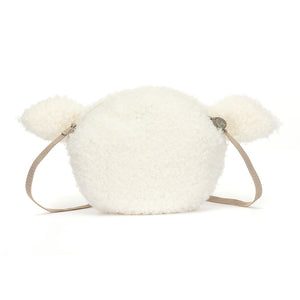 Back view of Jellycat Little Lamb Bag, featuring the fluffy tail and secure handle.