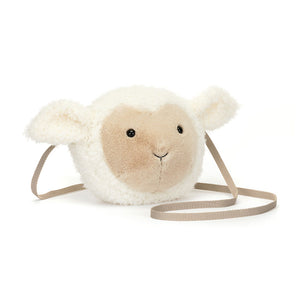 Angle view of Jellycat Little Lamb Bag, highlighting the sturdy handle and cute ears.