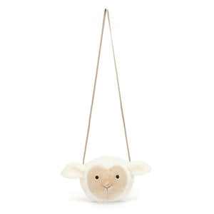 ellycat Little Lamb Bag hanging by the strap, showing the plush body and soft texture.