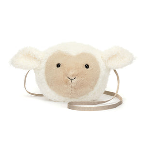 Front view of Jellycat Little Lamb Bag, showcasing its fluffy white fur and sweet lamb face.