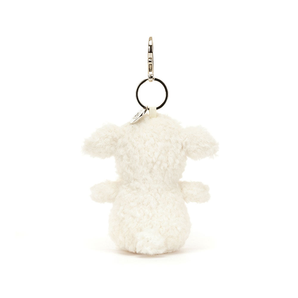 Back view of Jellycat Little Lamb Bag Charm, featuring the soft fur and keyring attachment.