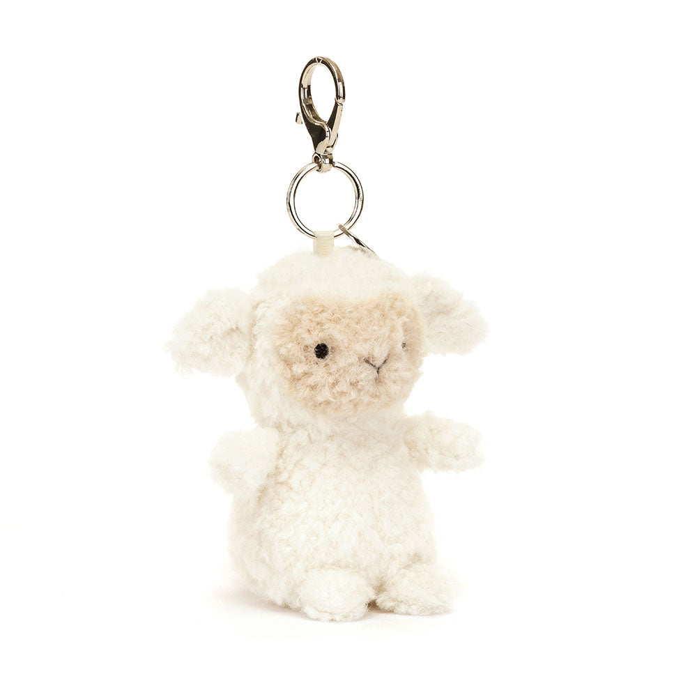 Angled view of Jellycat Little Lamb Bag Charm, highlighting its adorable floppy ears and keyring attachment.