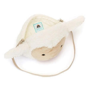 op view of Jellycat Little Lamb Bag, highlighting the shape of the bag and the handle.