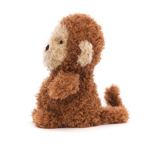 Side: This playful Jellycat Little Monkey is crafted from super soft plush, perfect for pocket-sized adventures! He features ruffled fur, button eyes, and a cheeky expression.