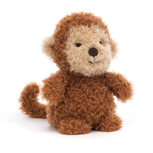Front: A charming Jellycat Little Monkey with scruffy, ginger-colored fur, butterscotch cheeks, and bobbly paws. He has a curly tail and a mischievous grin.