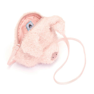 Jellycat Little Pig Bag with an open zip showing a pink cotton lining.