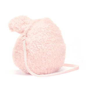 A rear view of Jellycat Little Pig Bag showing soft pink fur.