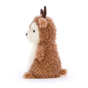 Soft Jellycat Little Reindeer plush (side view) with ruffled toffee & cream fur.