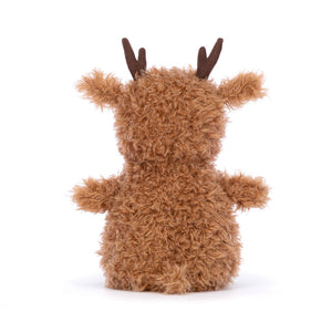 Cuddly Jellycat Little Reindeer plush (back view) with suedette cocoa antlers & beany bottom