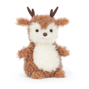 Jellycat Little Reindeer plush (angled view) with ruffled fur, tufty ears & cocoa antlers.