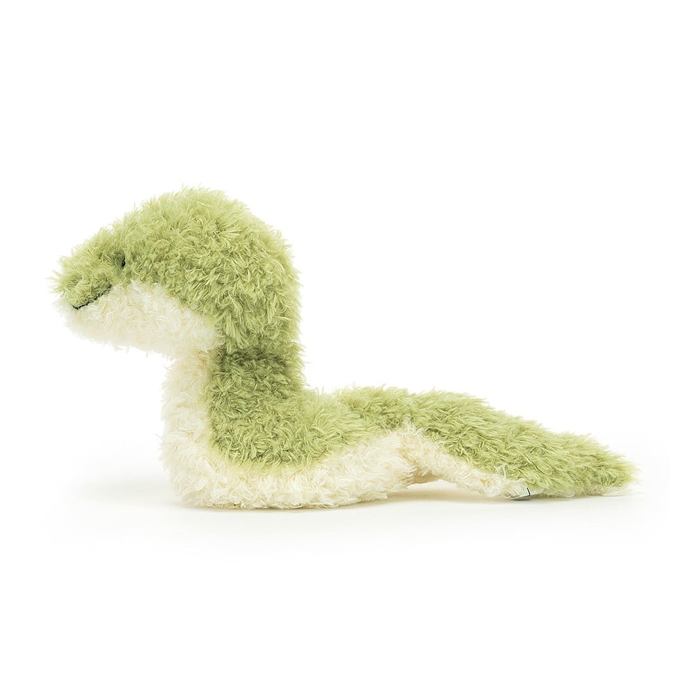 Side View: Jellycat Little Snake standing tall, showcasing its cuddly size (21 cm x 16 cm) for little hands to hold. The side profile reveals the depth of the plush, the weighted tummy, and the playful green and cream curls.