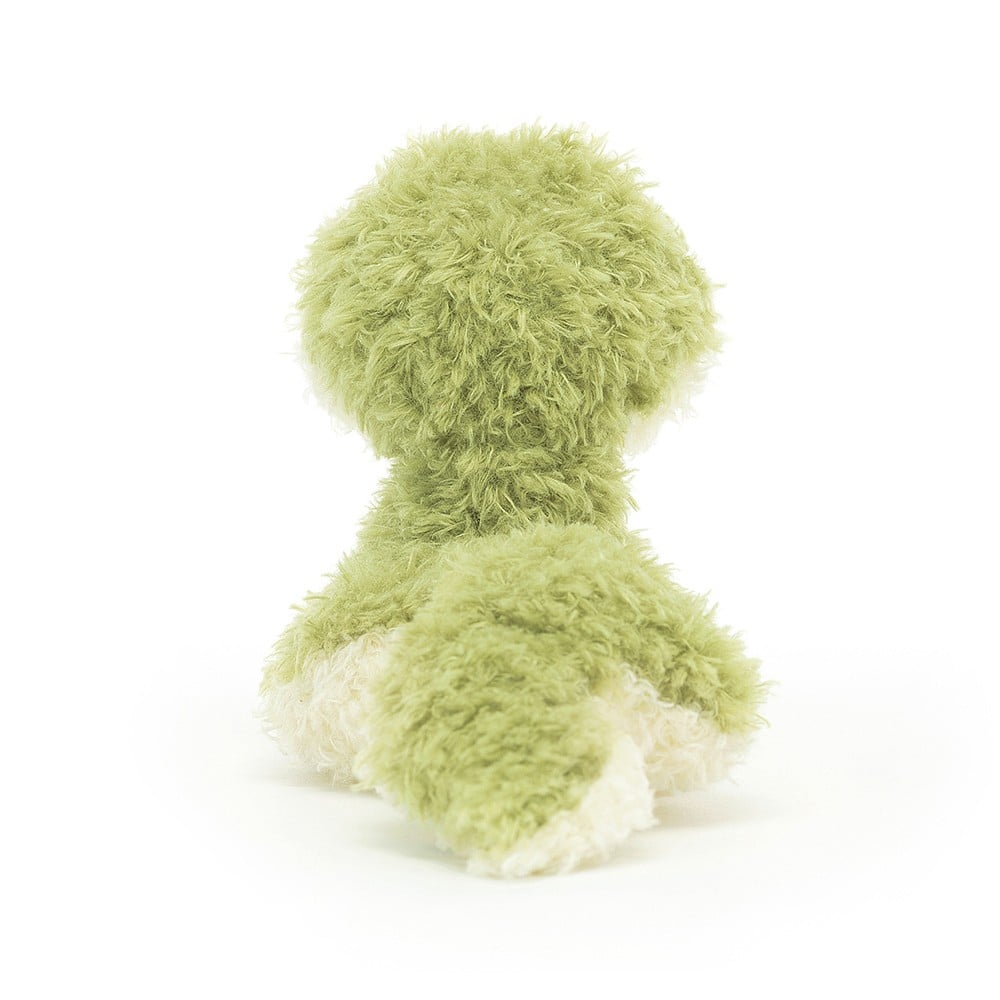 Back View: Jellycat Little Snake displayed from behind, showcasing the green and cream curled body and a playful tail.