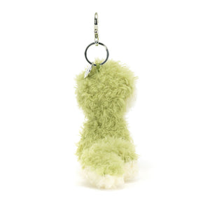 Jellycat Little Snake Bag Charm, back view, showing its soft green and cream fur and silver claw clip and Jellycat tag to attach to any bag.