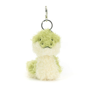 Jellycat Little Snake Bag Charm, front view, showing its soft green and cream fur and silver claw clip and Jellycat tag to attach to any bag.