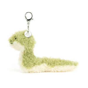 Jellycat Little Snake Bag Charm, side view, showing its soft green and cream fur and silver claw clip and Jellycat tag to attach to any bag.