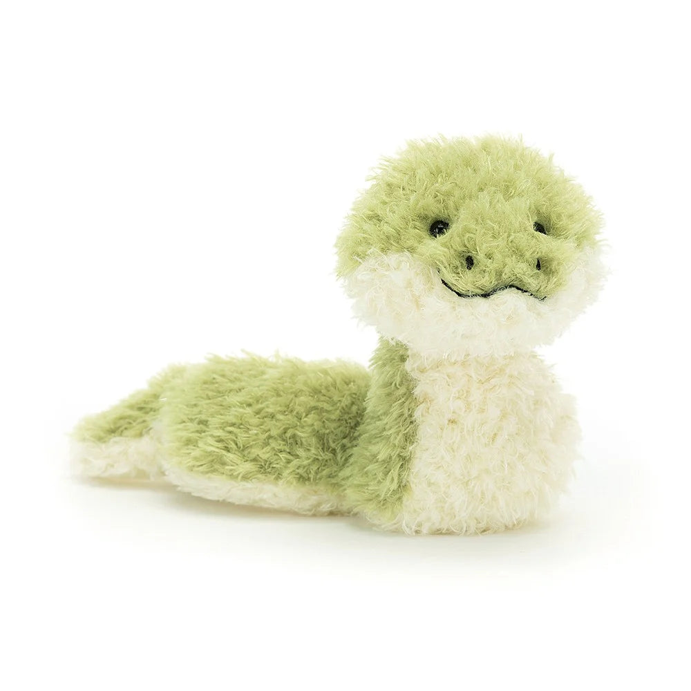 Angled View: Jellycat Little Snake playfully ajar, showcasing its bright eyes, stitched smile, and green and cream curled body. A weighted tummy peeks out, ready for sensory exploration. Wagging tail waves hello!