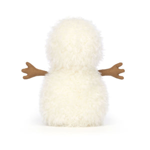 Cuddly Jellycat Little Snowman plush (back view): Tiny snowman with textured fleece fur and suedette arms.