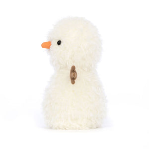 Soft Jellycat Little Snowman plush (side view): White snowman with textured fur and suedette arms.