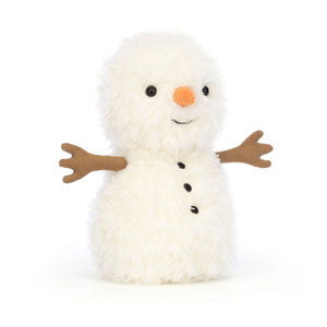 Jellycat Little Snowman plush (angled view): Tiny snowman with textured fleece fur, suedette arms & bobbly carrot nose.