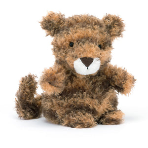 Jellycat Little Tiger plush toy, highlighting its soft, chocolate orange cuddly texture and mischievous grin.