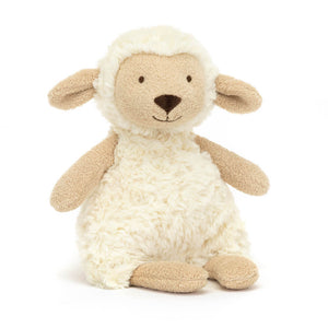 Front view – Jellycat Lollie Lamb plush toy sitting upright with soft cream fleece and beige details.