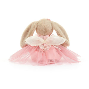 A rear view of Jellycat Lottie Bunny Fairy, showing a mesh tutu and a big bow.