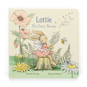 Front cover of Jellycat Lottie The Fairy Bunny Book, featuring an illustrated bunny with fairy wings sitting on a tree stump, surrounded by flowers, bees, and butterflies.