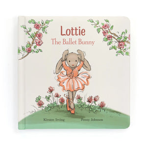Front: A colorful hardcover book titled "Lottie the Ballet Bunny Book" with the iconic Jellycat logo. A charming illustration of a bunny ballerina graces the cover.