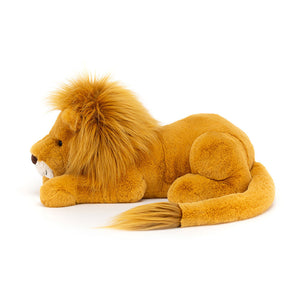 Side View:  Side view of Jellycat Louie Lion plush, showcasing its impressive mane, long, tasseled tail, and delightfully squishy body.