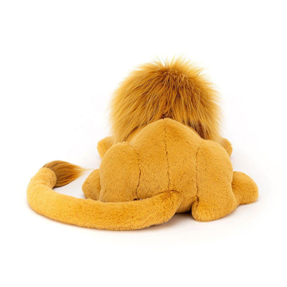 Back View:  Royal rump! Back view of Jellycat Louie Lion plush, highlighting its soft honey fur and long, tasseled tail.