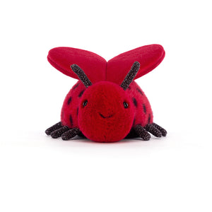 Jellycat Loulou Love Bug, red bug with heart-shaped wings and sparkly legs and feelers.