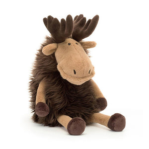 Caramel-furred Jellycat Merrick Moose plush toy in profile, showing his cocoa antlers and soft texture.