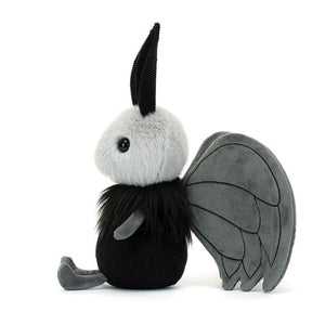 Side View:  Don't be scared, it's a friend! Jellycat Miff Mothman (21 cm tall). Super soft with a unique design, this plush is perfect for imaginative play and bedtime snuggles.