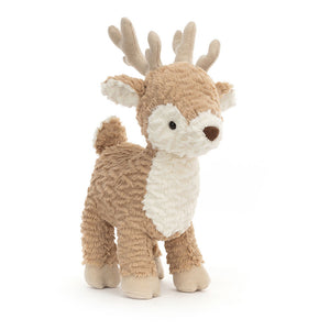 Jellycat Mitzi Reindeer plush (angled view) with tousled fur, floppy ears & butterscotch antlers. 