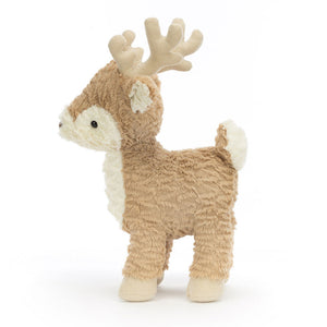 Soft Jellycat Mitzi Reindeer plush (side view) with tousled cream & caramel fur. 