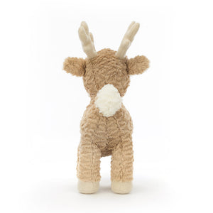 Cuddly Jellycat Mitzi Reindeer plush (back view) with petal tail & scrumply fur. 