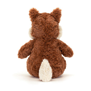 Back View: Backside of the Jellycat Mortimer Fox showcases the signature messy red fur and a hint of the chunky tail. This loveable fox cub adds a touch of whimsy to any nursery, with two-toned ears and a perfectly imperfect charm. Suitable for cuddles from birth!