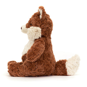 Side View: Side profile of the cuddly Jellycat Mortimer Fox. Highlights the ideal size for little ones (suitable from birth!), the luxuriously soft texture with a glimpse of the adorable tufty cheeks. The chunky tail and slightly mussed tummy add to his unique charm, making him a perfect cuddle companion! 